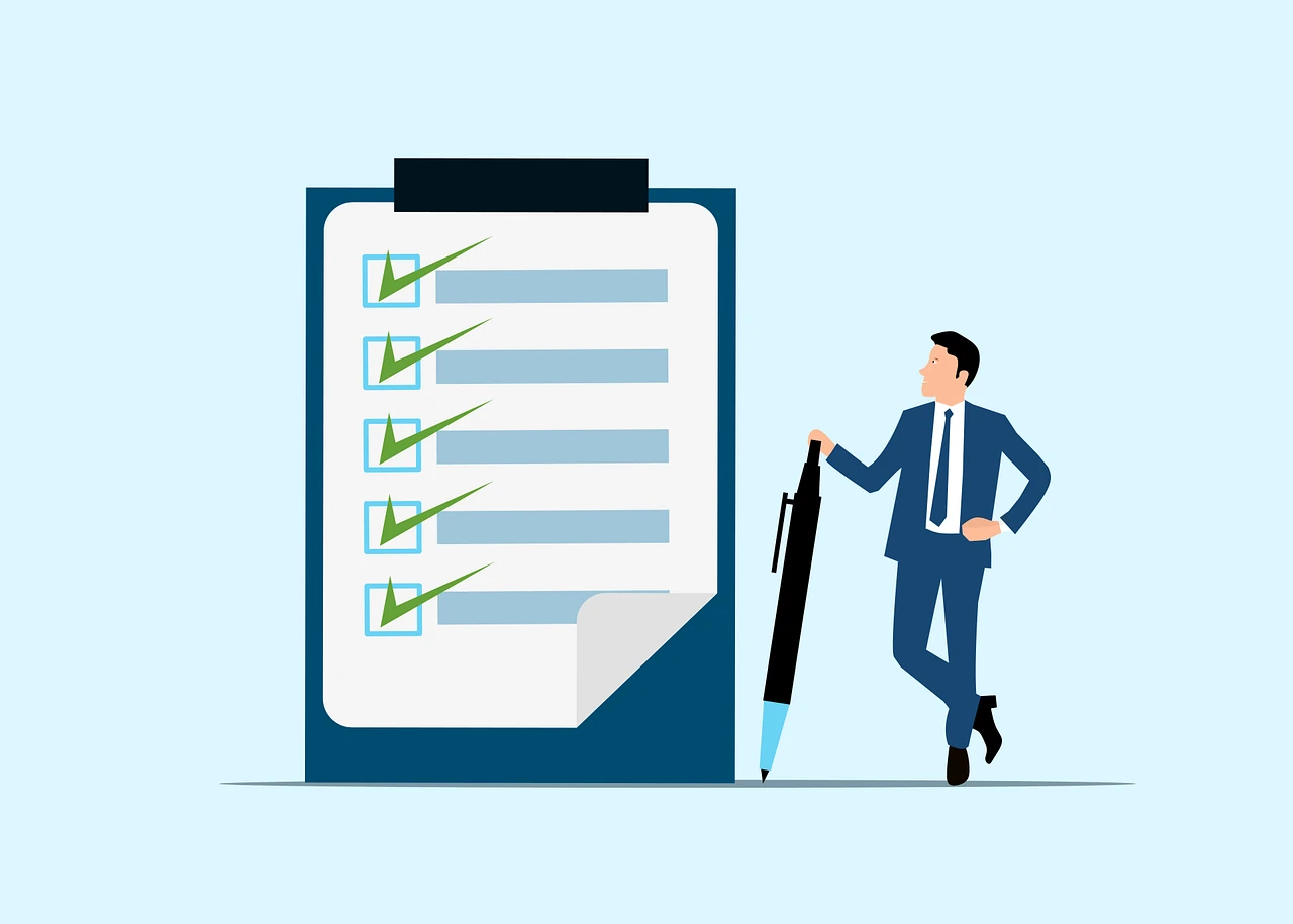 An illustration of a person leaning on a clipboard with every item ticked off