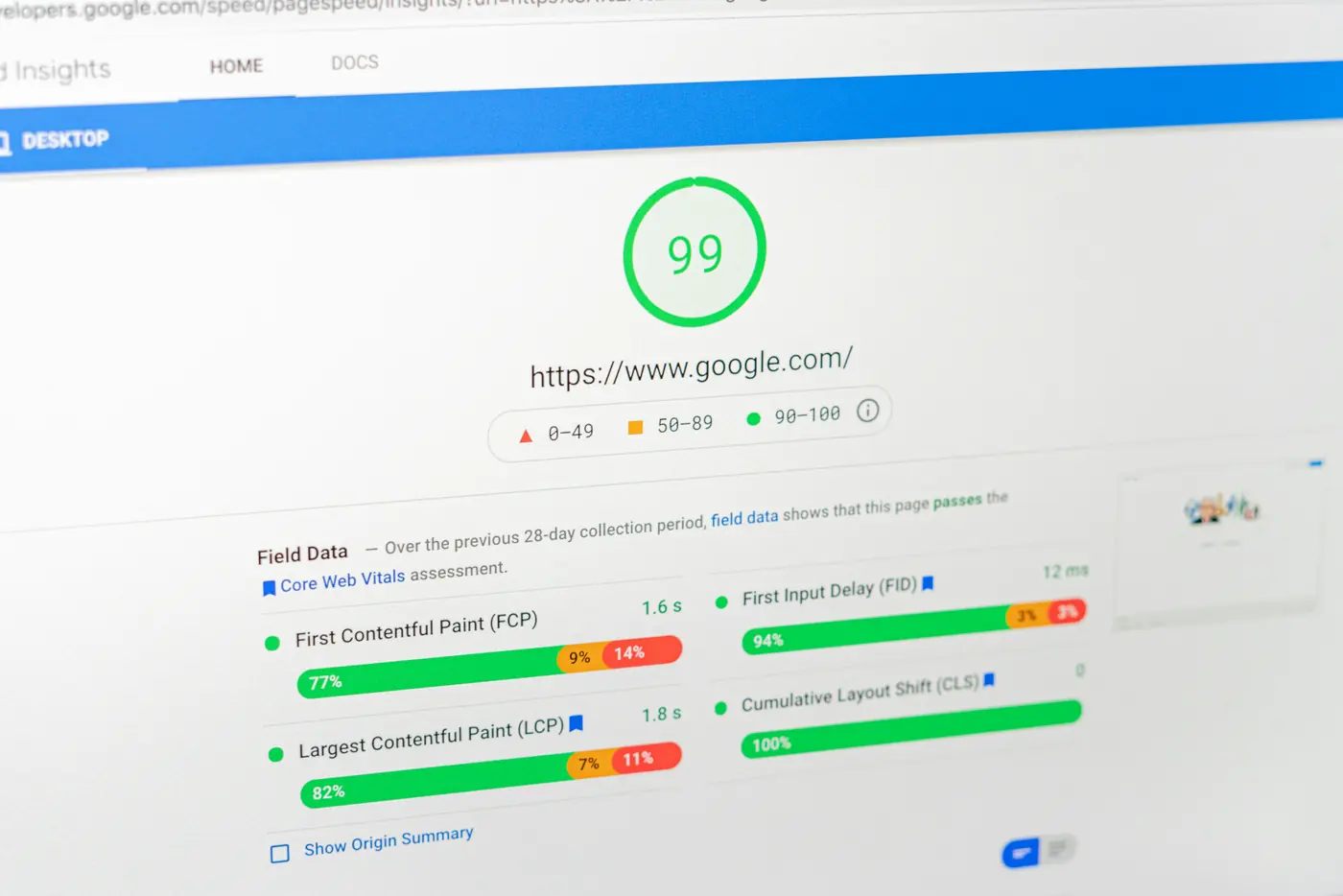 A PageSpeed Insights report showing Core Web Vitals field data for a page