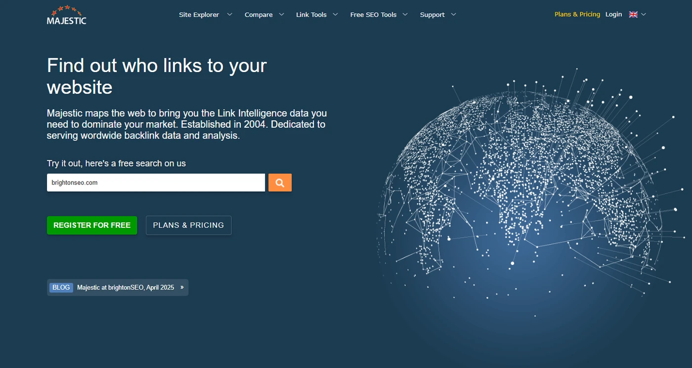 The Majestic home page, headed “Find out who links to your website”