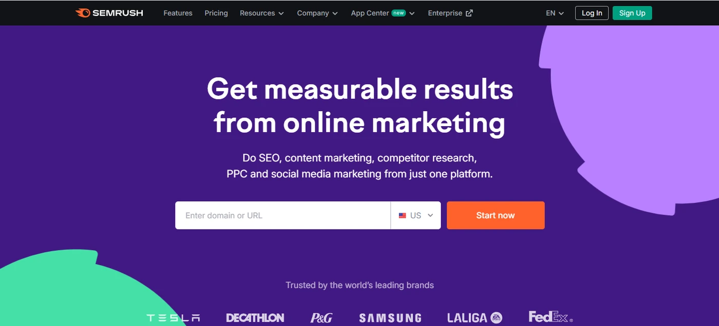 The Semrush home page, headed “Get measurable results from online marketing”