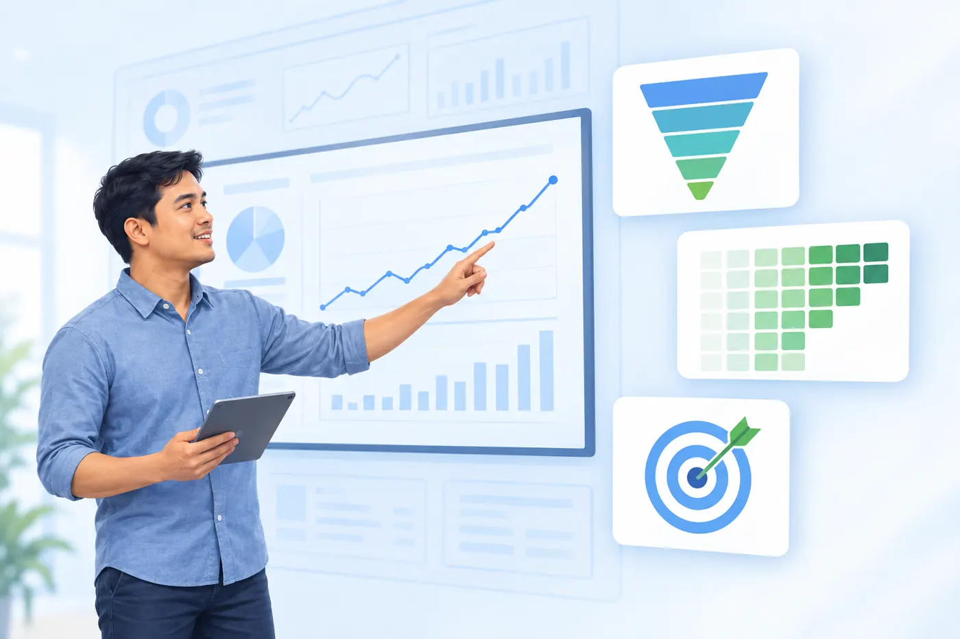 Illustration of someone presenting a rising trend on a wall screen, with a conversion funnel and a target beside him