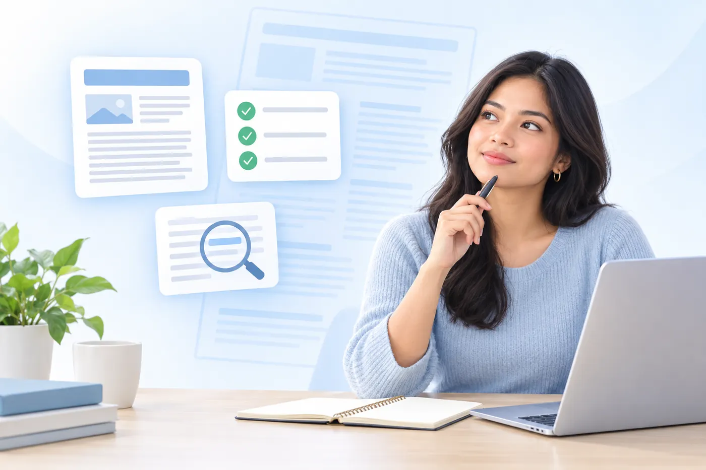 Illustration of a writer pausing over a draft at her desk, with a document outline and a checklist beside her
