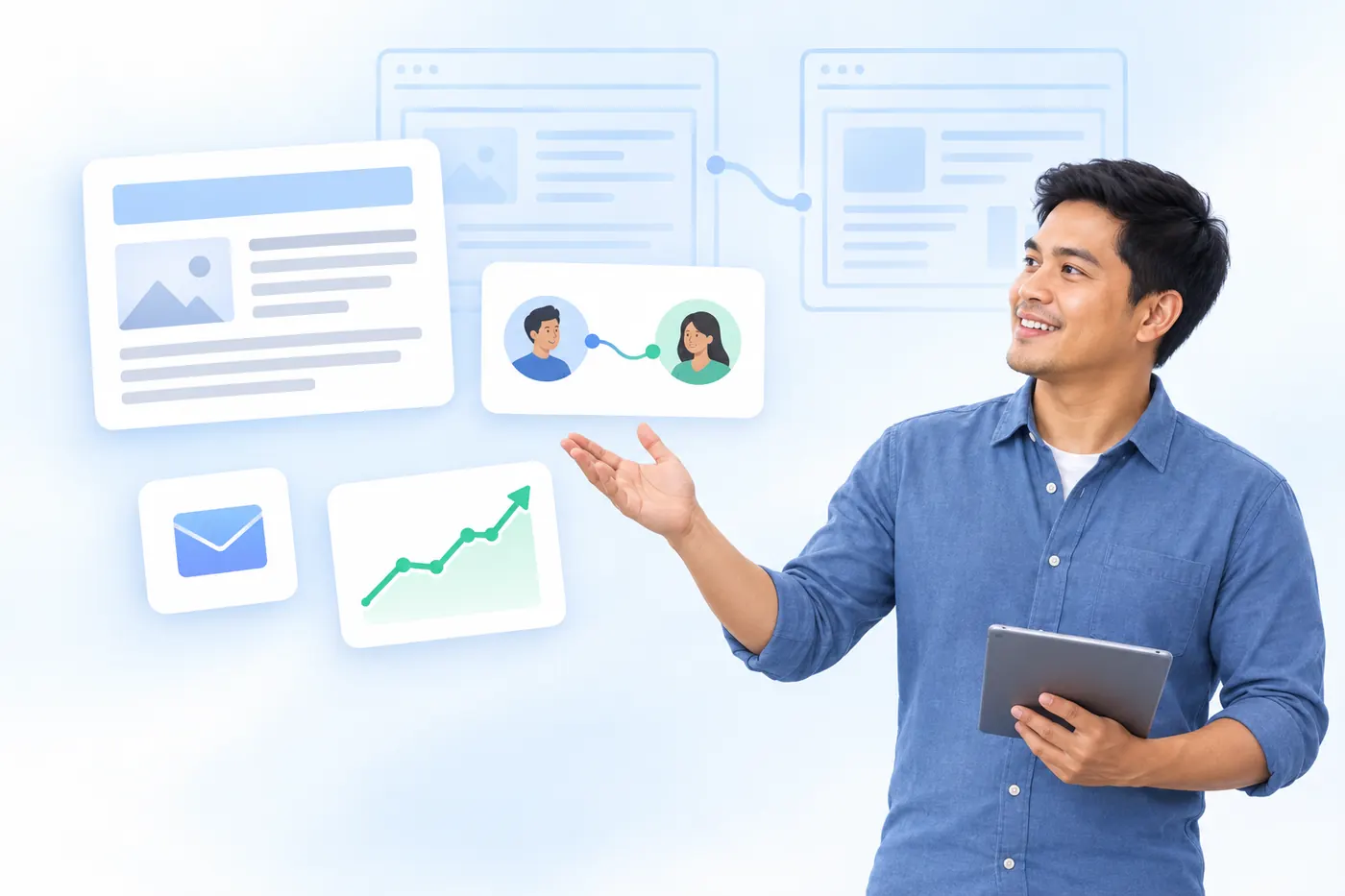Illustration of someone placing an article on another website, with two linked profiles and an outreach email beside him