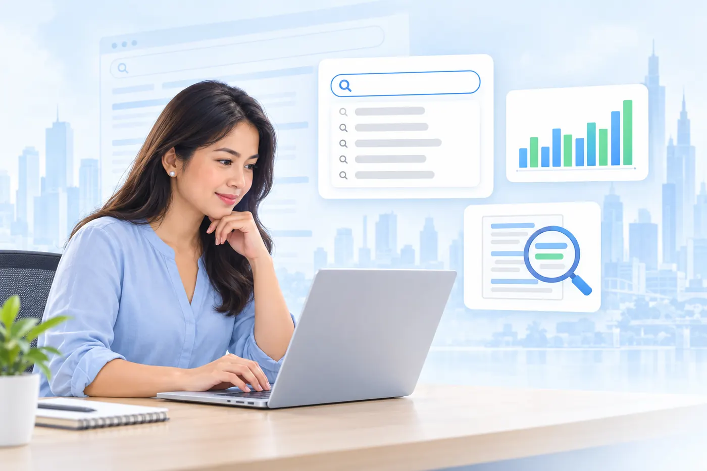 Illustration of someone researching keywords at a laptop, with a search box, a volume chart and a magnifying glass beside her