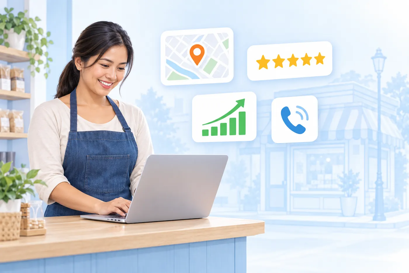 Illustration of a small business owner checking her listing on a laptop behind the counter, with a map pin and reviews beside her