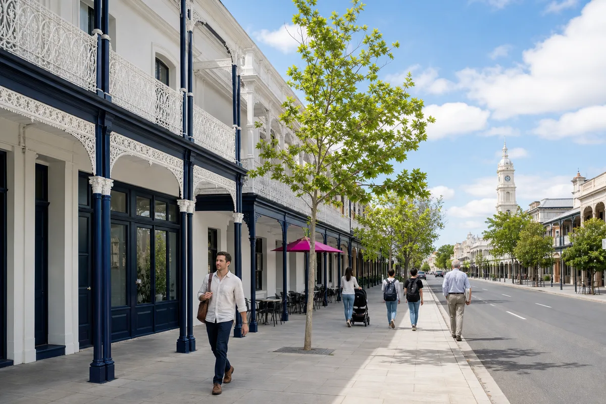 Illustration of an Adelaide street of white two-storey Victorian shops with iron-lace verandahs and navy posts, a man with a leather satchel walking towards the viewer, a magenta parasol over a cafe table, and a pale clock tower far down the street