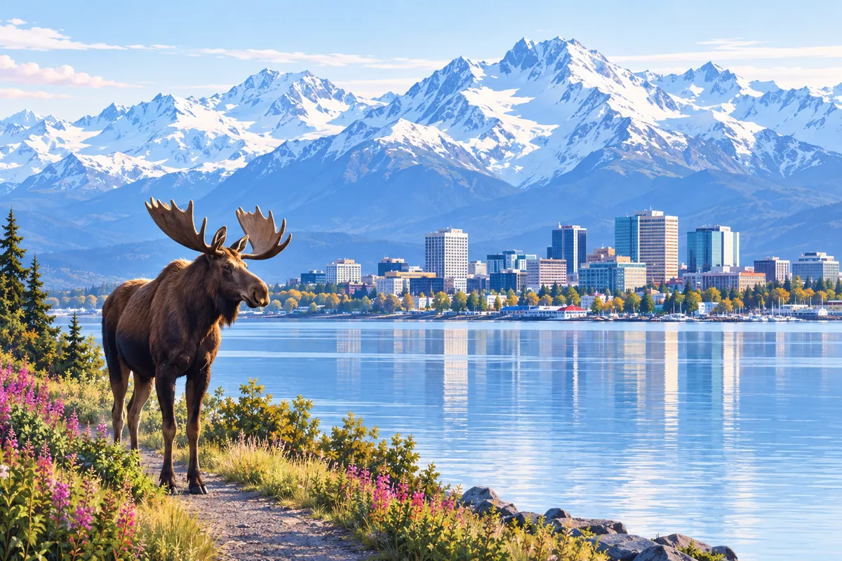 The Anchorage skyline beside the water with the snow-covered Chugach mountains rising behind it and a moose on the shore