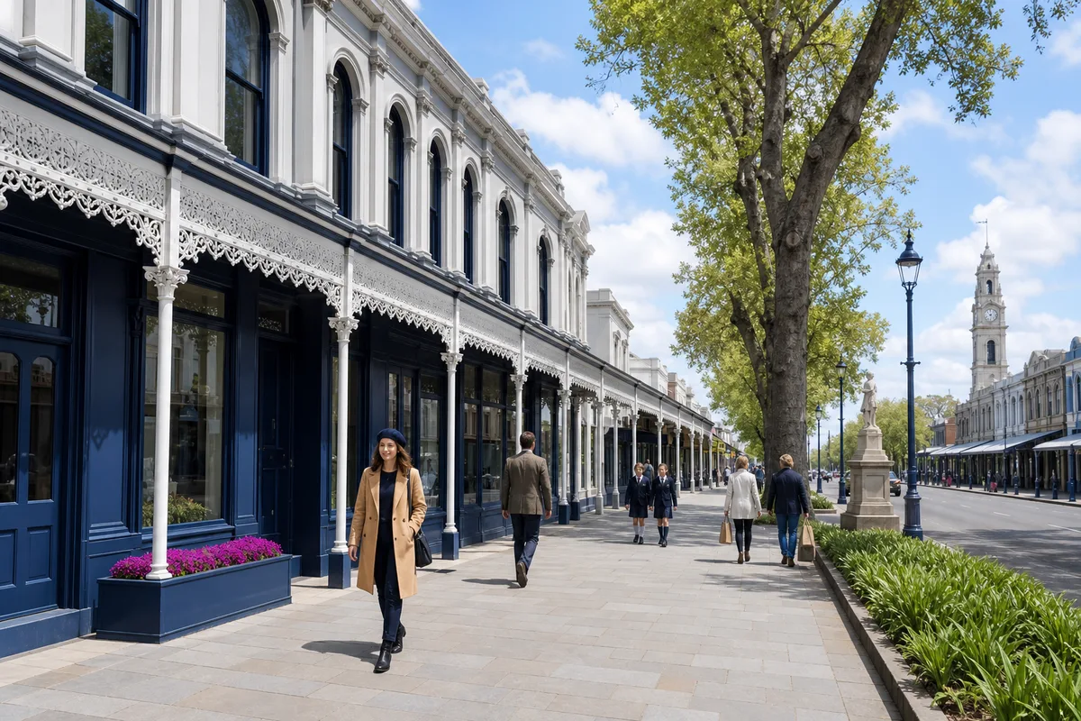 Illustration of Sturt Street in Ballarat: white and pale grey Victorian buildings with arched windows and iron-lace verandahs, a woman in a camel coat and navy beret walking towards the viewer, a planter of magenta flowers, elms and a small statue on the median, and a pale clock tower far off