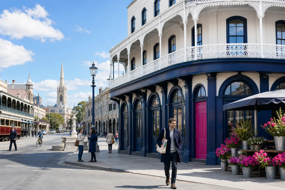 Illustration of a Bendigo street corner: a curved white Victorian hotel with two levels of iron-lace verandahs and a magenta door, a man in a navy overcoat with a tote bag of books, a flower stall, a stone fountain in the junction, a vintage tram and its conductor on the left, and a pale cathedral spire beyond