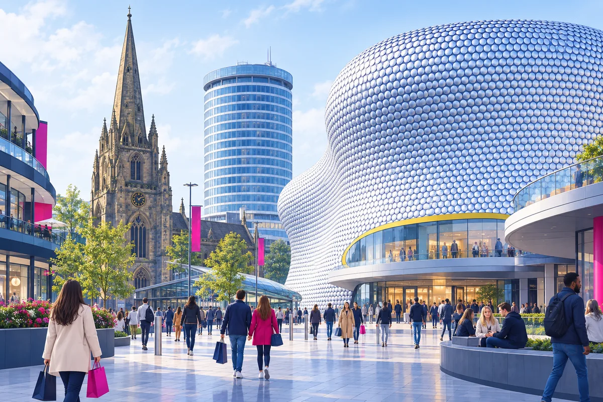 The disc-covered curved Selfridges building at Birmingham's Bullring with a church spire beside it and shoppers on the plaza
