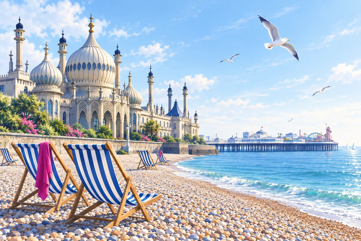 The onion domes of Brighton's Royal Pavilion with the pier stretching into the sea and deckchairs on the pebble beach
