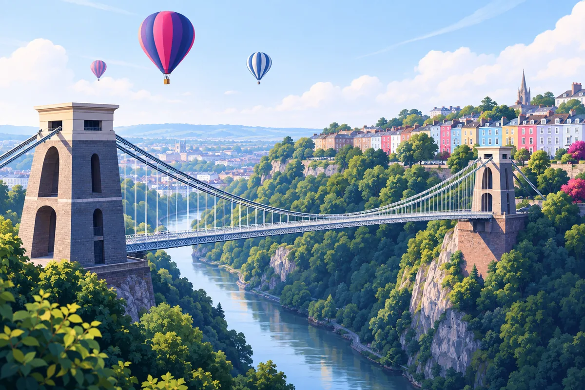 The Clifton Suspension Bridge spanning the Avon Gorge with hot air balloons above it and Bristol's coloured terraces on the hill