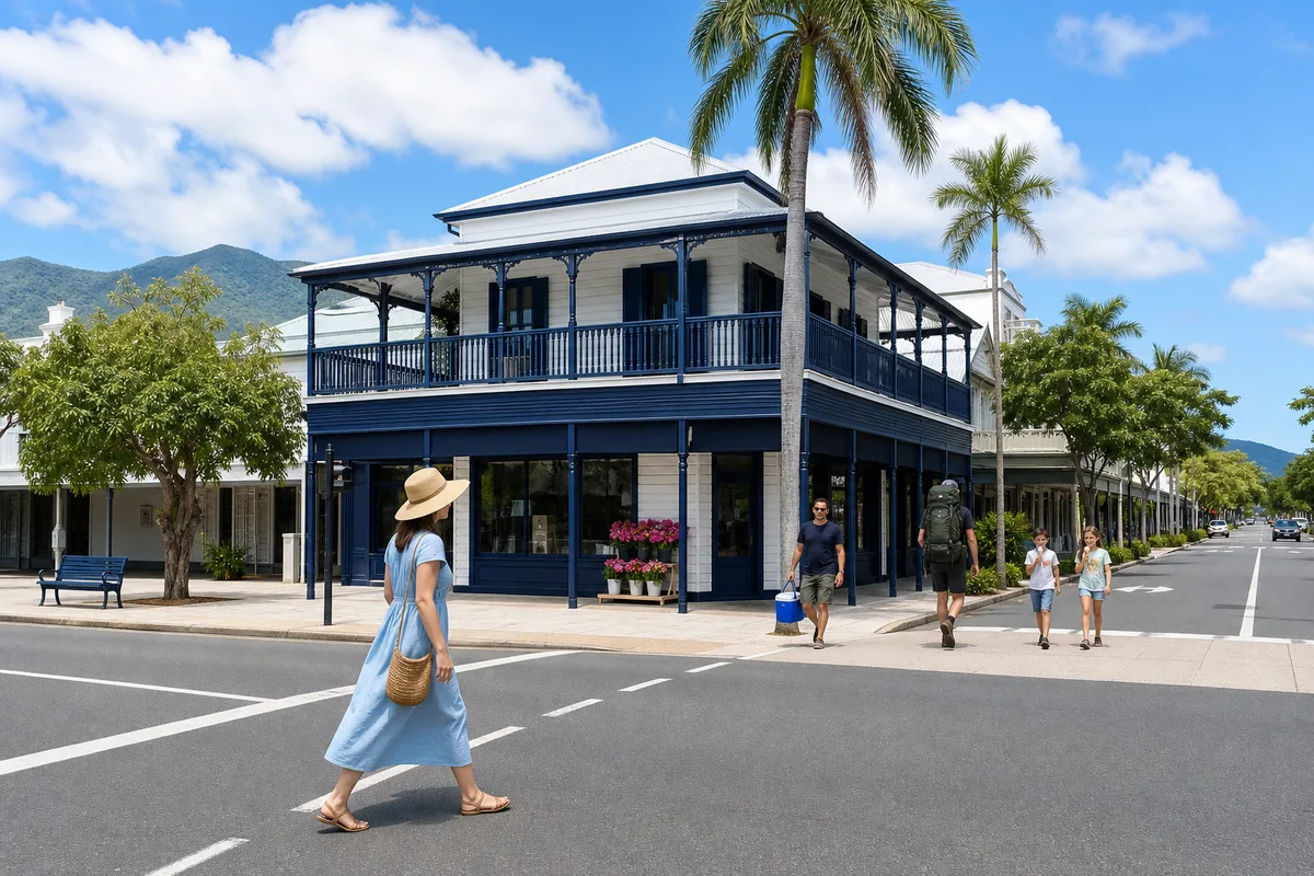 Illustration of a Cairns street corner: a white timber Queenslander building with navy verandah posts and balustrades, a flower stall of magenta flowers, a woman in a sun hat crossing the road, palm trees, and green rainforest ranges behind the town