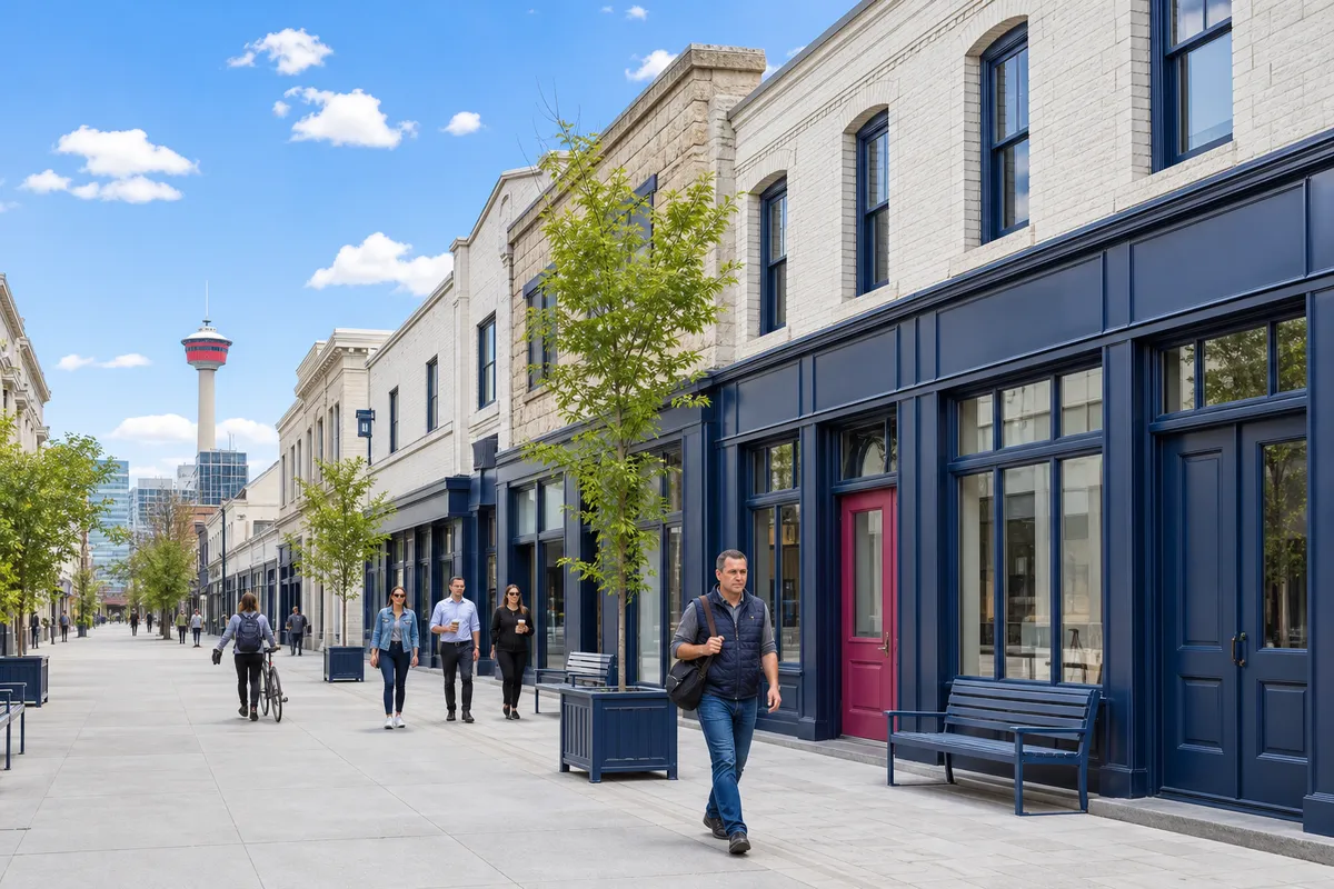 Illustration of a pedestrian street in Calgary of pale stone and white brick buildings with navy shopfronts and one magenta door, a man in a navy quilted gilet walking towards the viewer, and the Calgary Tower on the skyline