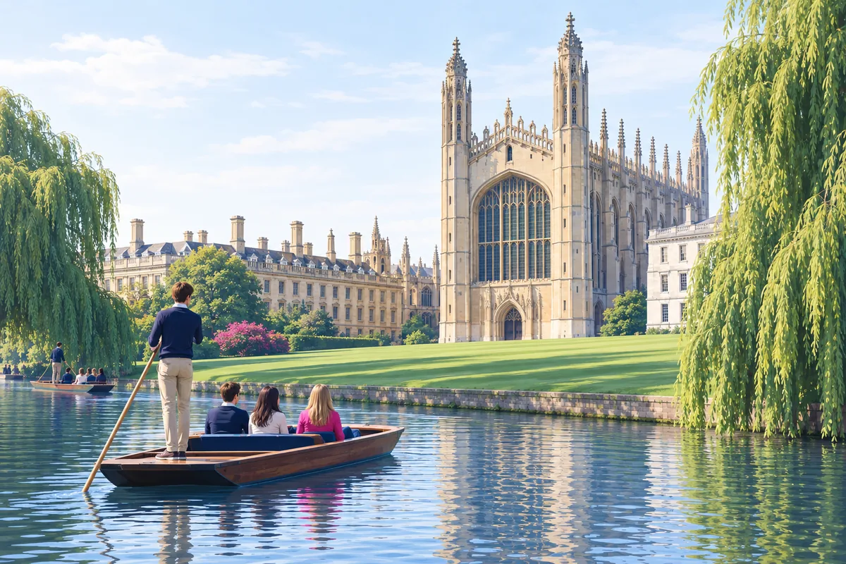 King's College Chapel in Cambridge seen from the river, with punts on the water and willows on the bank