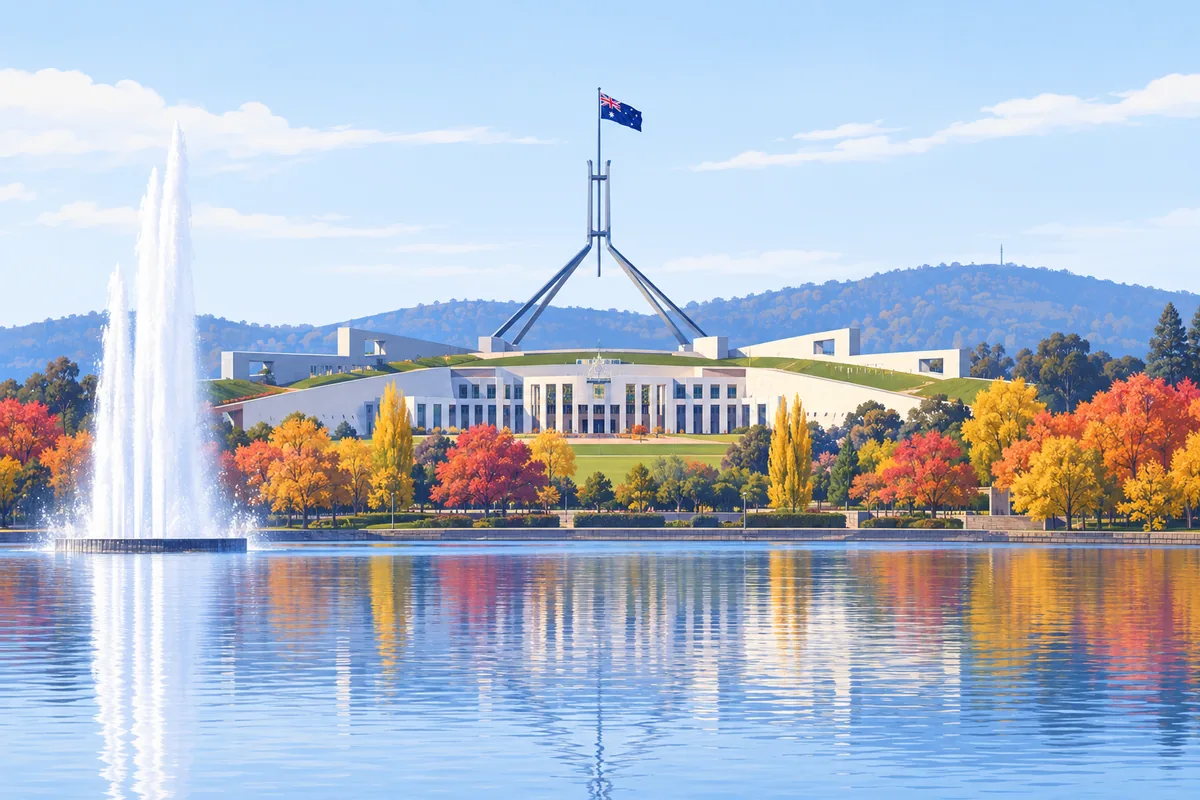 Canberra's Parliament House with its curved white walls and tall flag mast, seen across the lake with the water jet and autumn trees