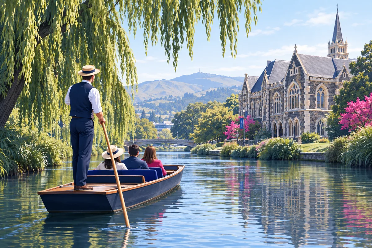 Punting on the Avon River in Christchurch, a punter poling a flat boat under willows past the old stone Arts Centre