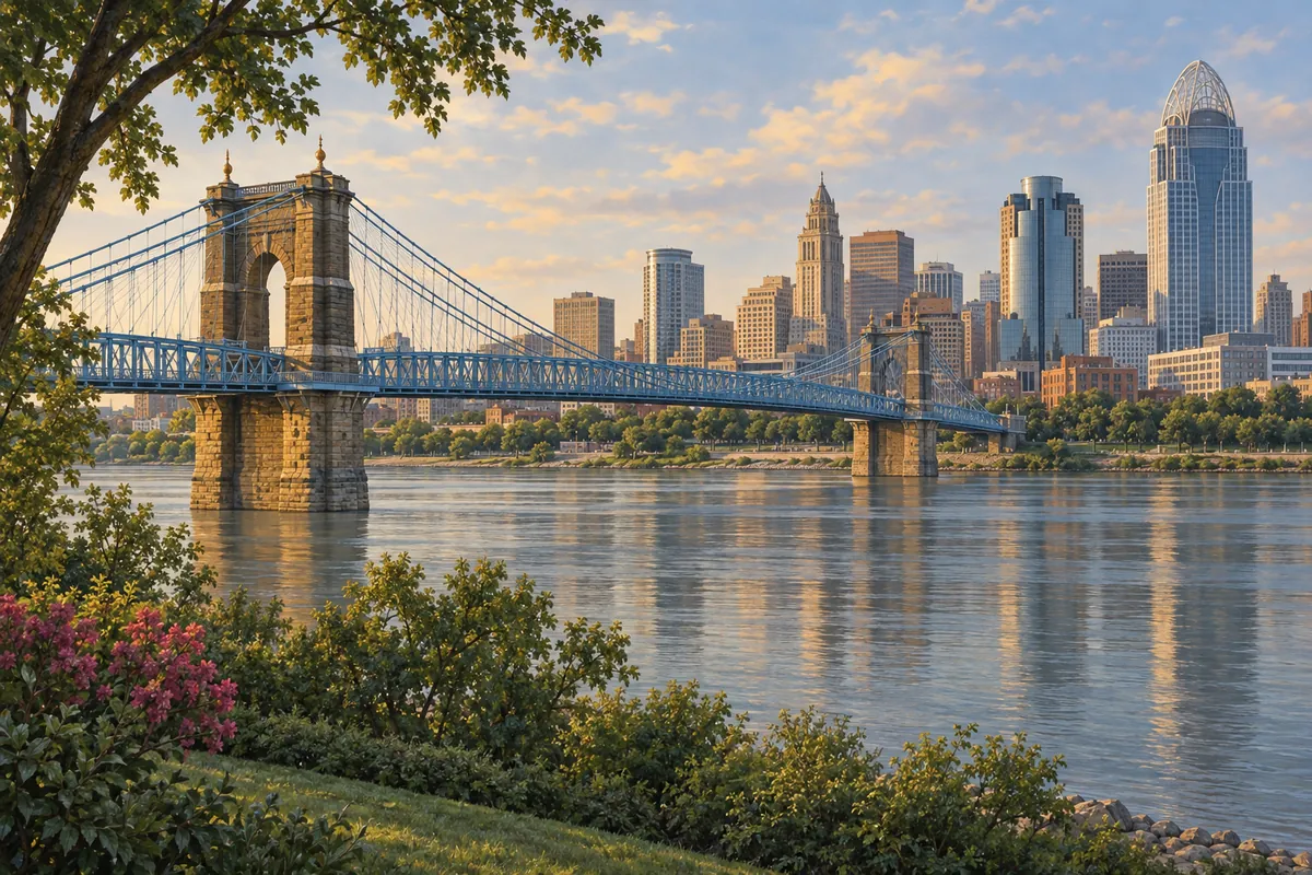 The blue stone-towered Roebling suspension bridge over the Ohio River with the Cincinnati skyline behind it