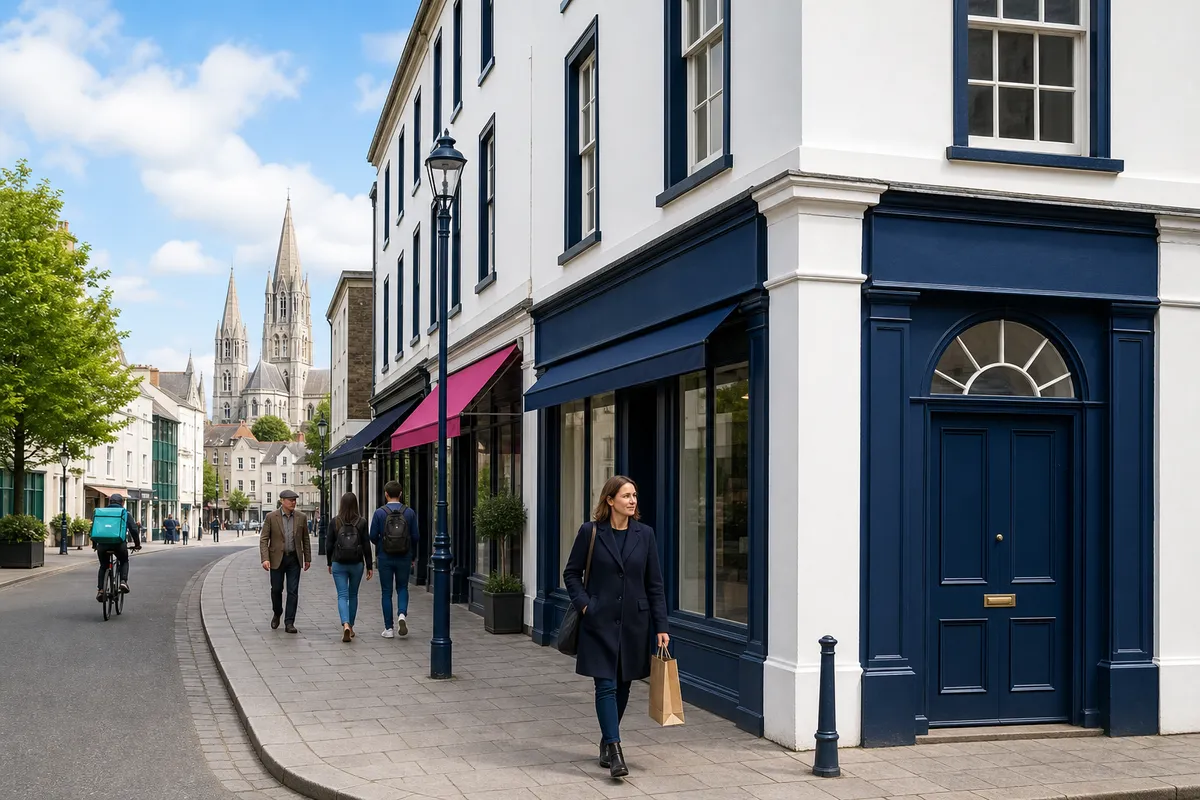 Illustration of a white Georgian corner building in Cork with navy shopfronts and a navy door with a fanlight, a magenta awning further down, a woman in a navy coat with a shopping bag, and tall cathedral spires above the rooftops