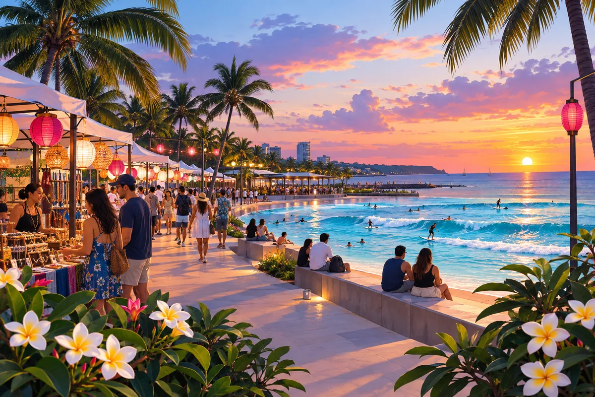 Darwin's waterfront at sunset with palm trees, a beach market with lanterns and a tropical sky over the sea