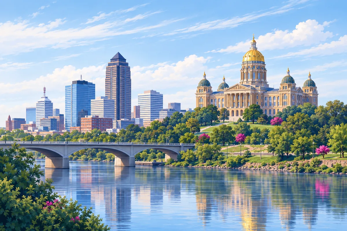 The gold-domed Iowa State Capitol in Des Moines on its hill, with the downtown towers and the river below