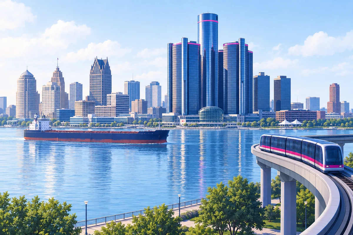 The round glass towers of Detroit's riverfront skyline seen across the river, with the elevated people mover track in front