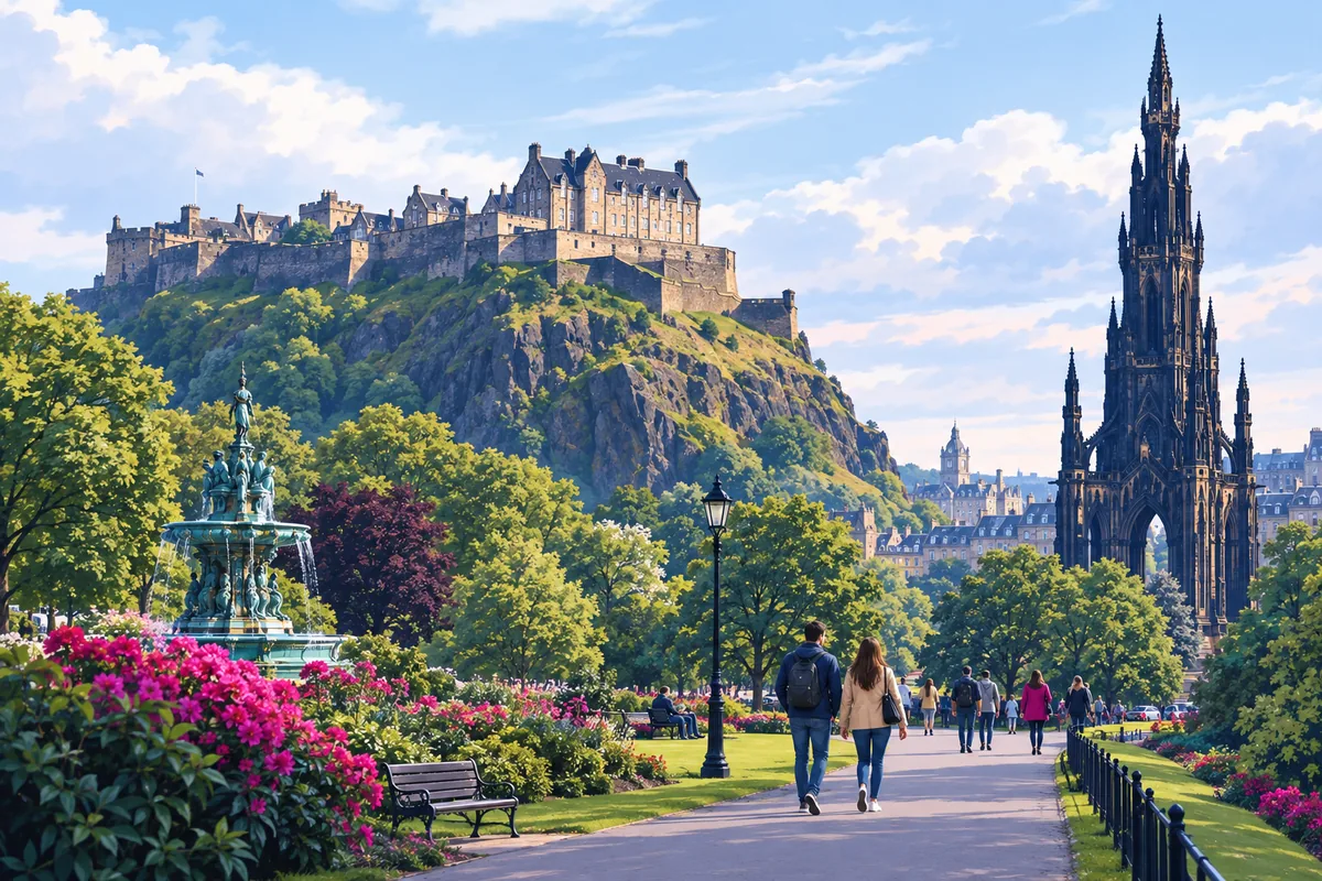 Edinburgh Castle on its rock above Princes Street Gardens, with the Scott Monument spire to one side