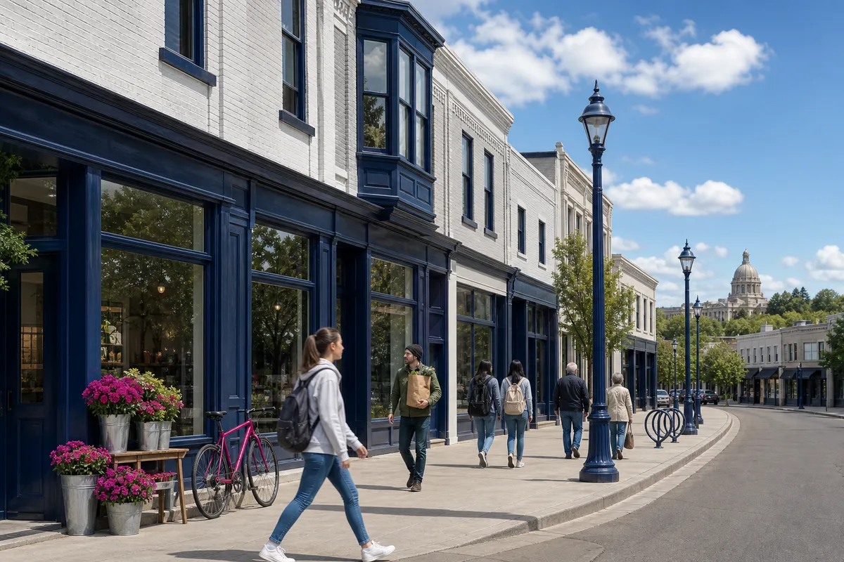 Illustration of an Edmonton street of white-painted brick shops with navy shopfronts, a flower stall and a magenta bicycle, a young woman in a grey hoodie crossing in front, and a domed legislature building in the distance