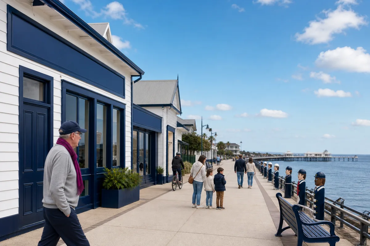 Illustration of the Geelong waterfront: white weatherboard cafes with navy fronts, an older man in a navy cap and magenta scarf, a family walking past painted bollard figures along the railing, and a long pier with a white pavilion out on the bay