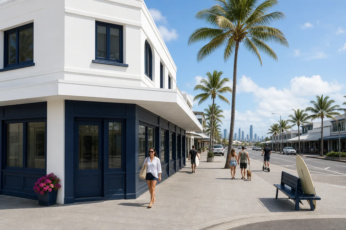 Illustration of a Gold Coast beachside corner: a white building with navy shopfronts and one planter of magenta flowers, a woman with a beach tote walking past, a surfboard leaning on a navy bench, palm trees, and a line of high-rise towers far off down the street