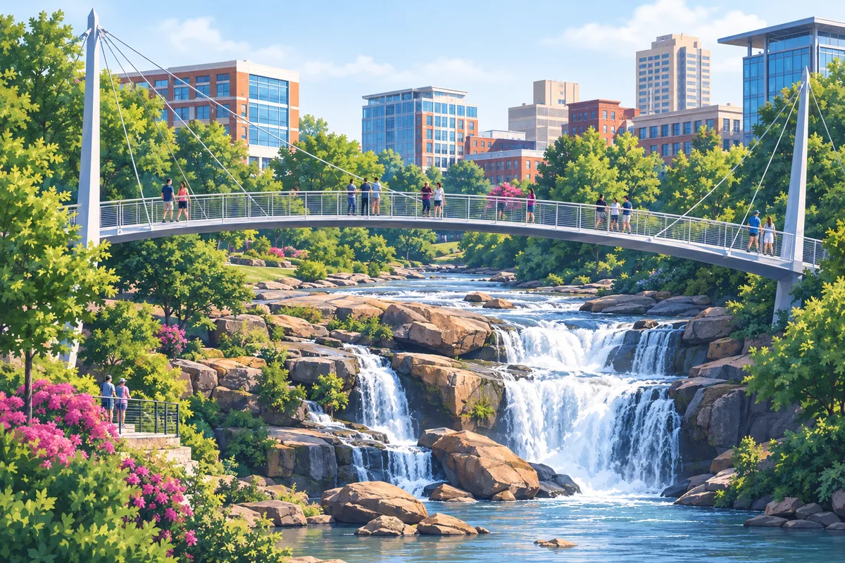The curved Liberty Bridge suspended over the waterfall in Falls Park in Greenville, with trees and the downtown buildings behind