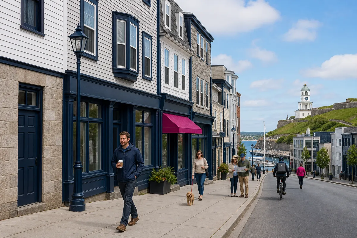Illustration of a sloping Halifax street of white and grey clapboard buildings with navy shopfronts and a magenta awning, a man in a navy jacket with a coffee walking towards the viewer, the harbour at the bottom and a small white clock tower on a green hill