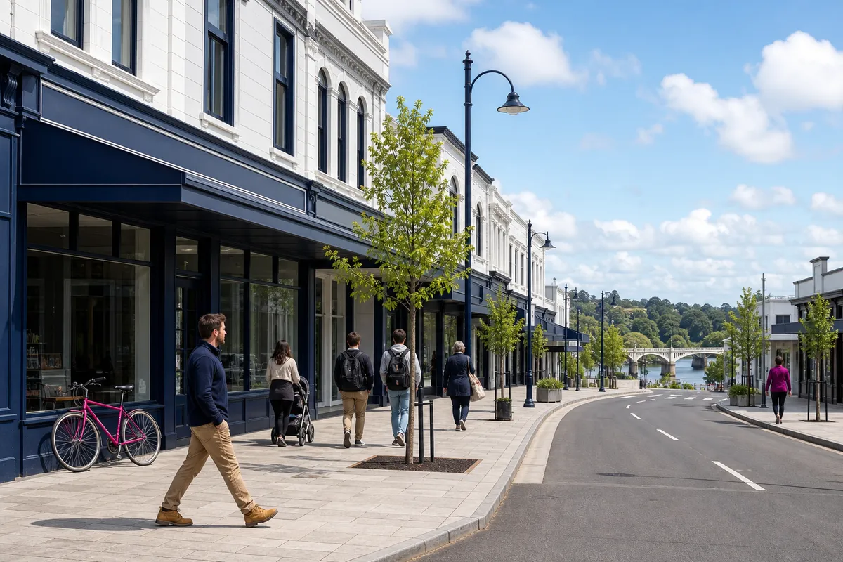 Illustration of a main street in Hamilton, New Zealand, of white and pale grey shop buildings with navy verandahs and a magenta bicycle, a man in a navy fleece walking past, and an arch bridge over the river in the distance