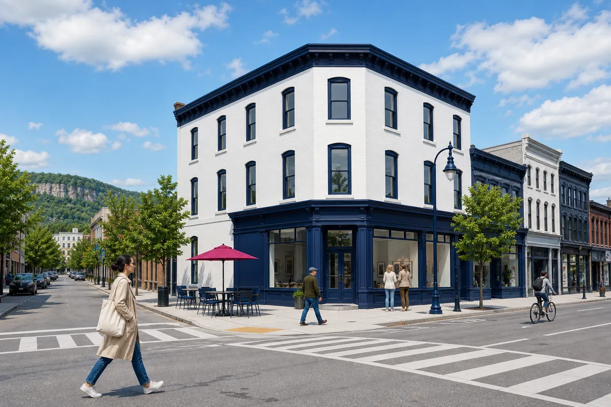 Illustration of a white Victorian corner building with navy shopfronts and a magenta parasol in Hamilton, Ontario, a woman in a trench coat on the pedestrian crossing, and the green escarpment behind the city