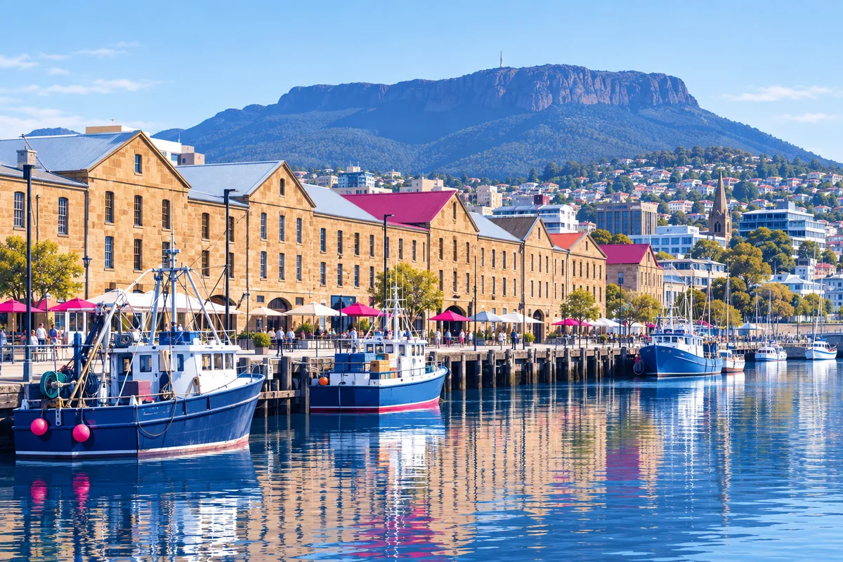 Hobart's waterfront with the sandstone warehouses of Salamanca and the mountain rising behind the city