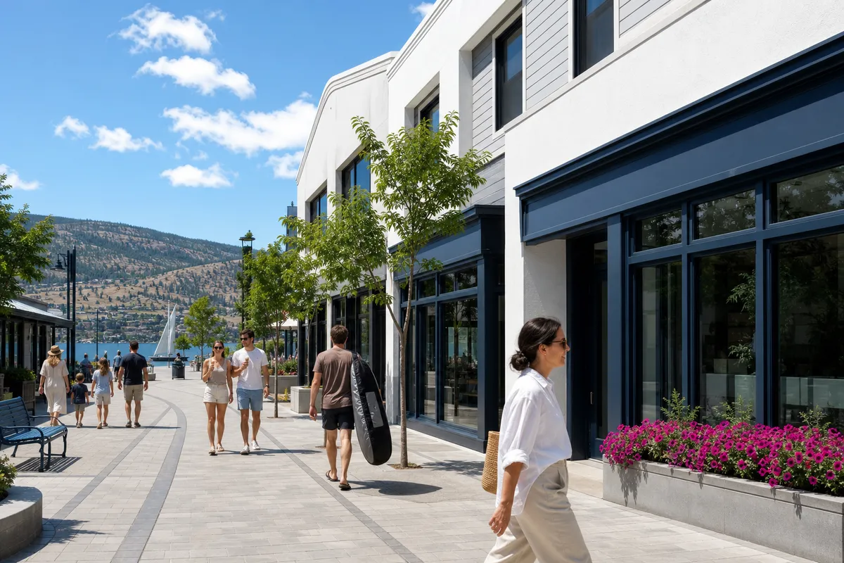 Illustration of a sunny Kelowna street of white shops with navy shopfronts and a planter of magenta flowers, a woman in a white linen shirt in front, and the lake and pine-covered hills beyond