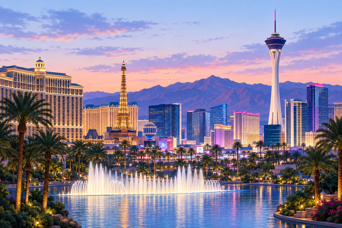 The Las Vegas Strip skyline at dusk with the tall observation tower and lit hotel towers, palm trees in the foreground and desert mountains behind