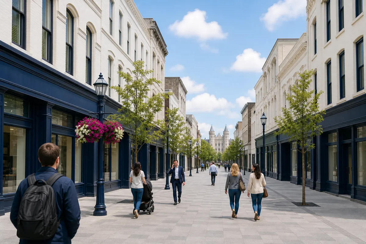 Illustration of a pedestrian shopping street in London, Ontario, of white and cream Victorian buildings with navy shopfronts and magenta hanging baskets, a student with a backpack seen from behind, and pale castle-like turrets at the end of the street