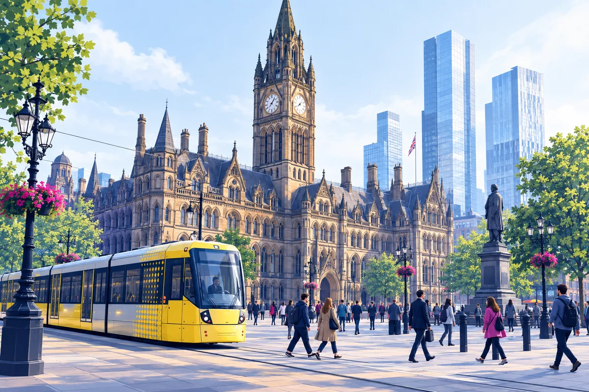 Manchester's Victorian gothic town hall and clock tower on Albert Square, with a yellow tram passing in front and glass towers behind