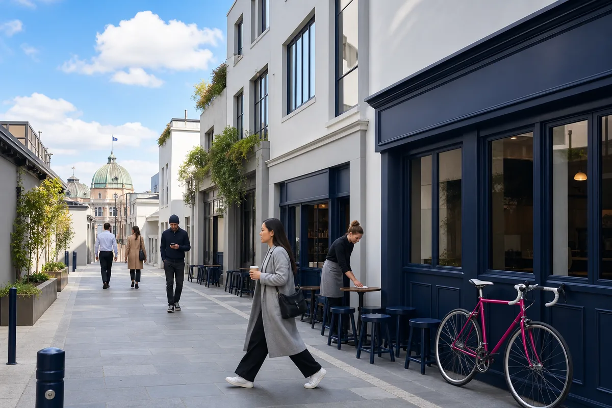 Illustration of a Melbourne cafe laneway: white and pale grey walls with a navy cafe front, a woman in a grey coat carrying a coffee past a magenta bicycle, a barista wiping a table, and a green copper dome at the end of the lane