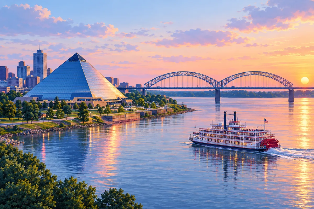 The glass pyramid on the Memphis riverbank and the double-arched bridge spanning the wide Mississippi, with a paddle steamer passing