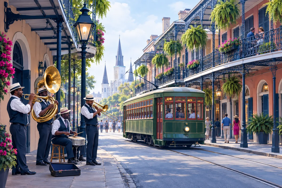 A French Quarter street in New Orleans with iron lace balconies, hanging ferns and a green streetcar passing