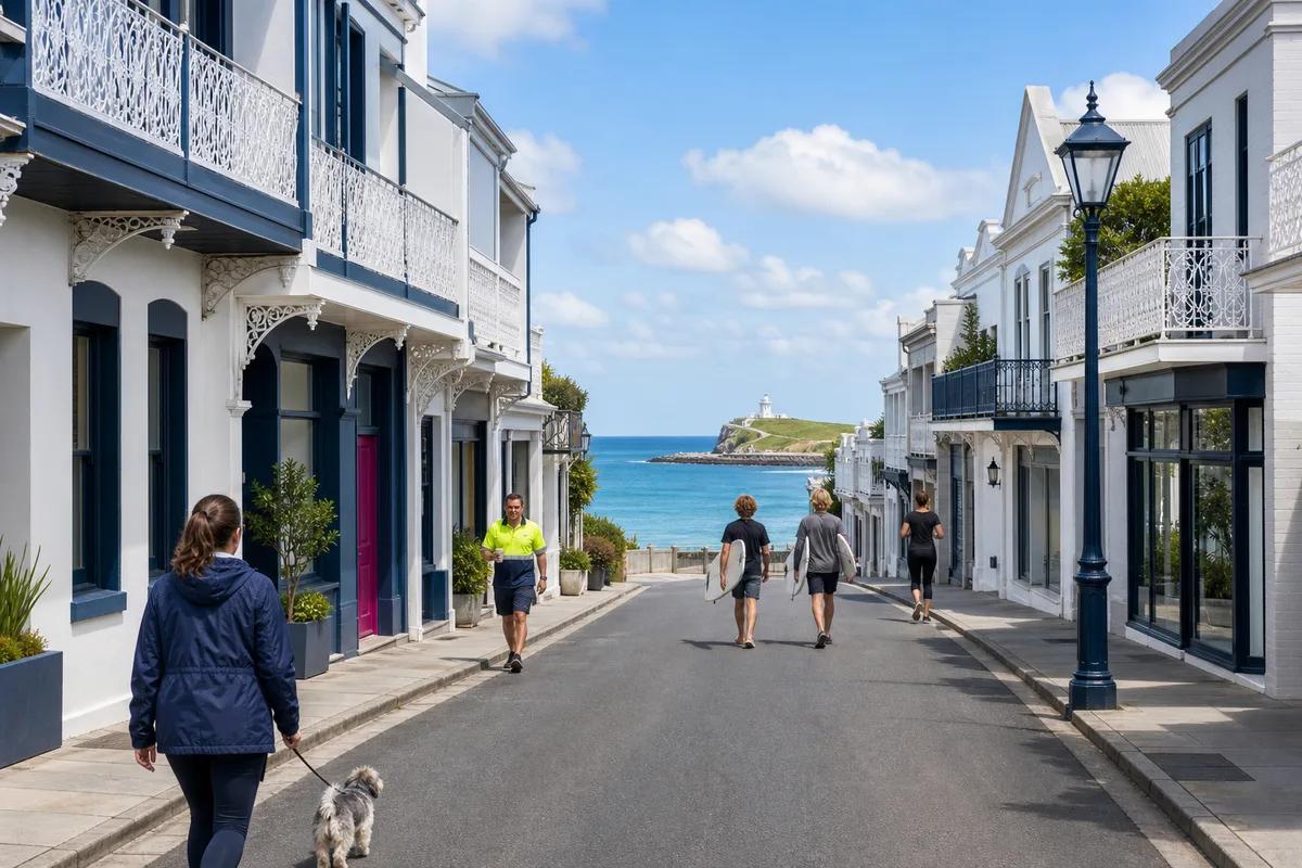 Illustration of a Newcastle street of white Victorian terraces with iron-lace balconies running down to the sea, a woman walking a small dog, a man in a hi-vis shirt, two teenagers carrying surfboards, a magenta front door, and a small white lighthouse on a green headland at the end
