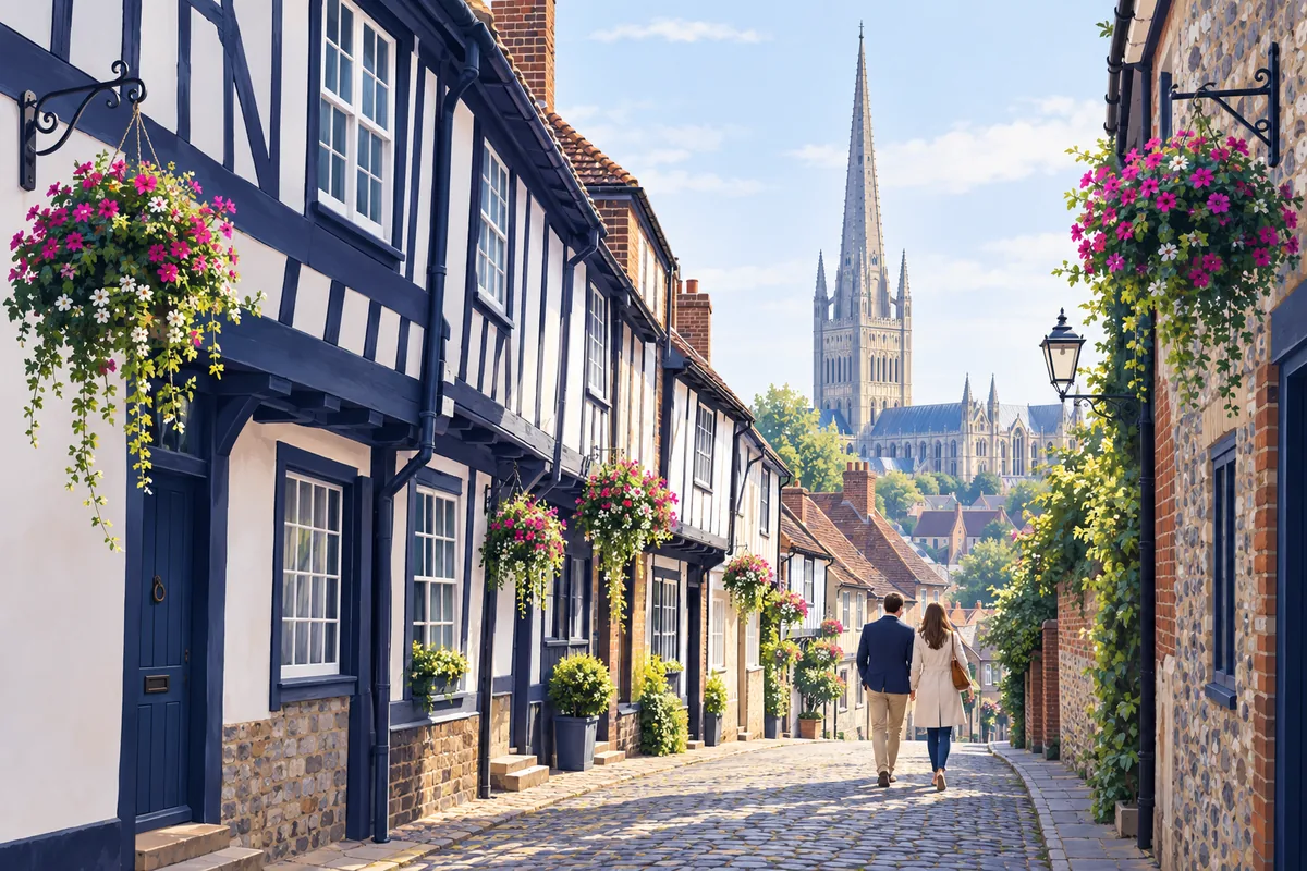 Norwich Cathedral's spire rising above the crooked timber-framed houses and cobbles of Elm Hill