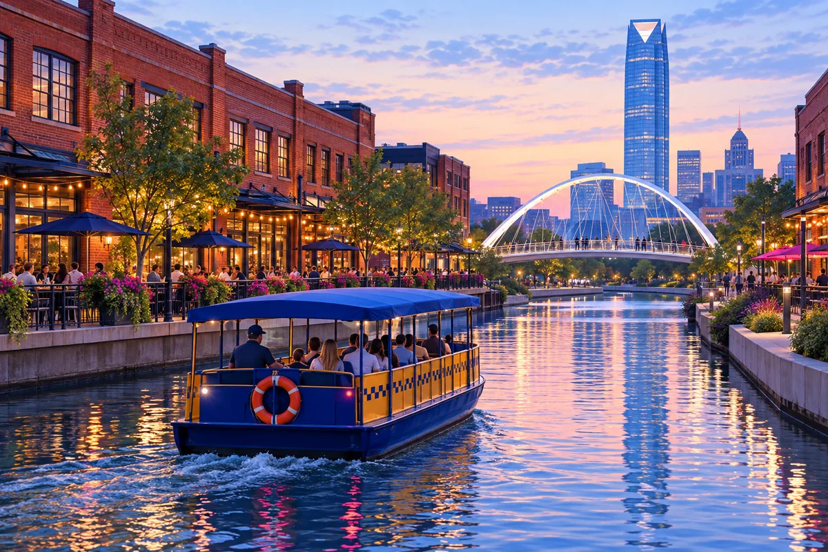 The Bricktown canal in Oklahoma City with a water taxi passing red-brick warehouses and the tall white arch of the pedestrian bridge beyond