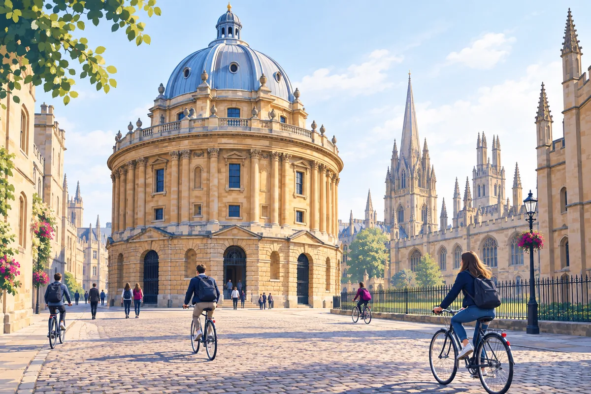 The round domed Radcliffe Camera in Oxford with college spires behind it and students on bicycles crossing the square