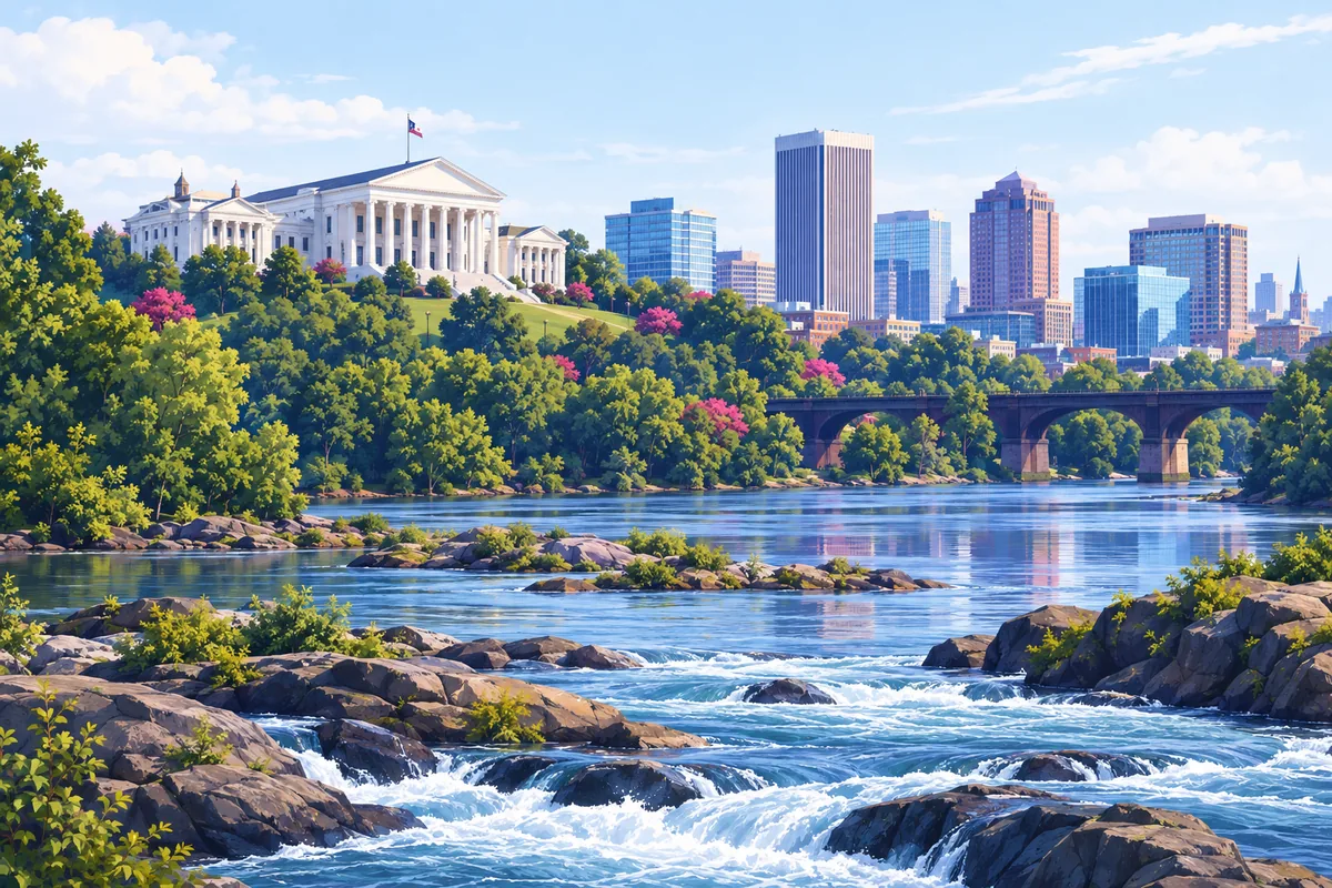 The white-columned Virginia State Capitol on its hill in Richmond, with the downtown towers behind and the rocky James River in front