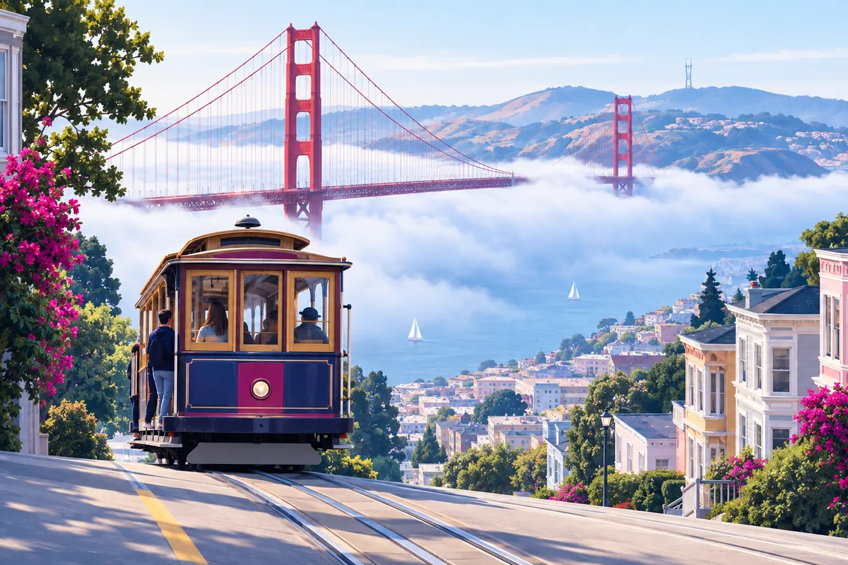 The Golden Gate Bridge in the fog with the San Francisco hills and pastel houses behind it and a cable car climbing a steep street