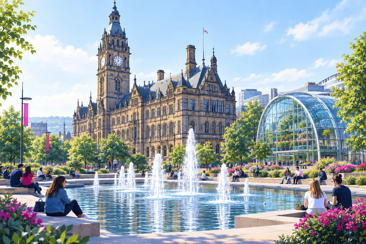 Sheffield's Peace Gardens fountains in front of the Victorian town hall clock tower, with the glass Winter Garden beside it