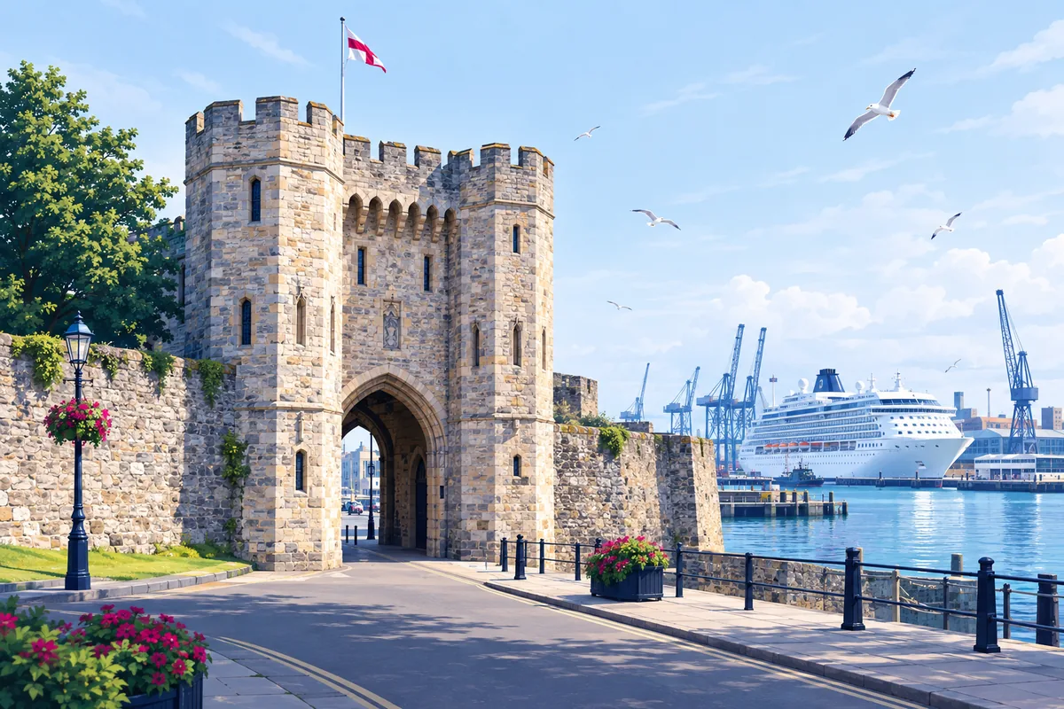 Southampton's medieval Bargate gatehouse with the old walls, and a large white cruise ship at the docks beyond